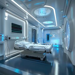 Futuristic hospital room equipped with IoT devices for patient comfort and health tracking-