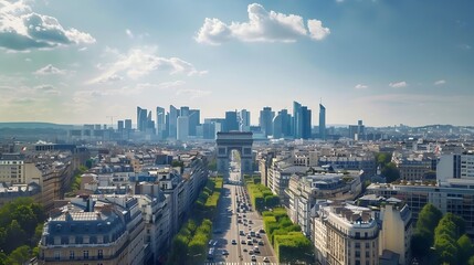 Fototapeta premium Aerial view of Paris and modern towers timelapse from the top of the skyscrapers in Paris business district La Defense Traffic on avenue to triumphal arch Sunny summer day Paris France : Generative AI