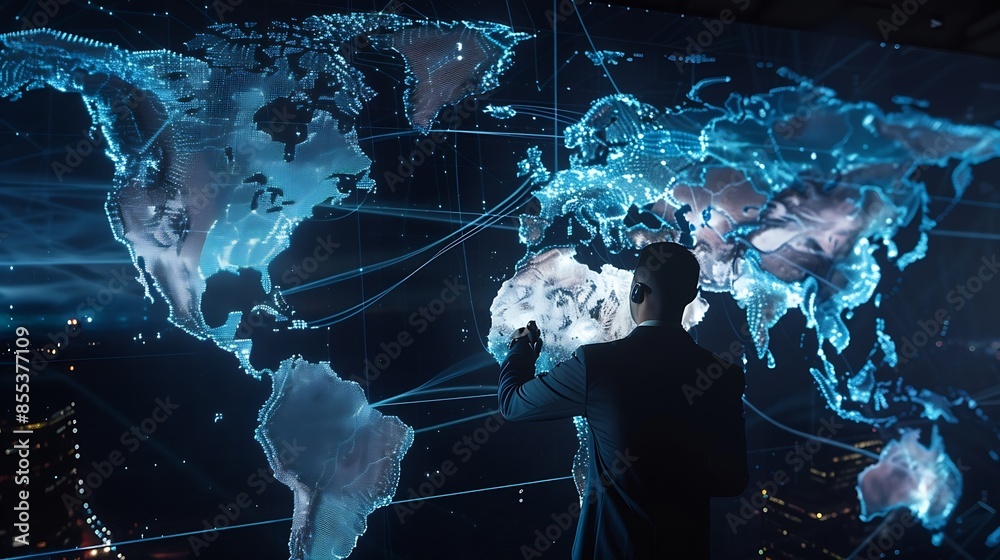 Poster Tech driven Global Business Businessman embraces technology as he analyzes big data for business intelligence composition of world map digital links emphasizes interconnectedness of gl : Generative AI
