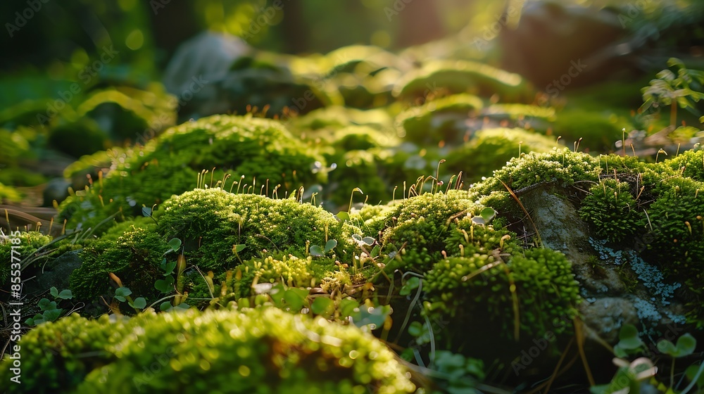 Poster beautiful bright green moss grown up cover the rough stones and on the floor in the forest show with