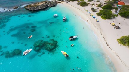 Baby Beach Aruba Perfect beach great for snorkeling with calm waters transparent in the Caribbean Sea with tricky blue waters Great beach for children Drone photo Top View : Generative AI