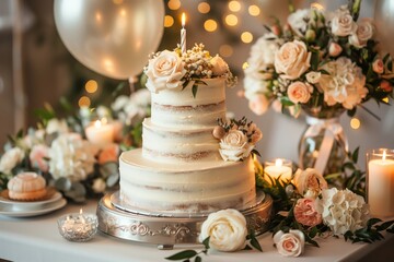 Fototapeta premium A beautifully decorated two-tiered cake adorned with intricate white and pink floral designs, topped with a single lit candle. 