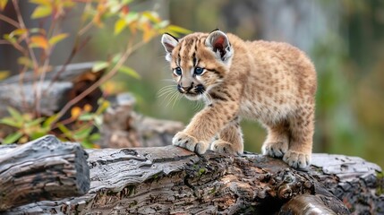Fototapeta premium Young cougar puma mountain lion cub playing on a fallen log Captive animal : Generative AI