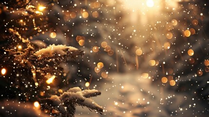 A festive Christmas tree covered in snow, adorned with warm, glowing lights, creating a magical winter holiday scene.