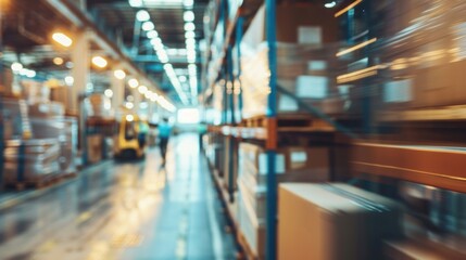 Fototapeta premium A busy warehouse aisle with blurred motion effect, capturing the dynamic environment of storage and logistics with bright lighting.