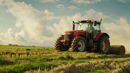 Obraz premium Tractor working with silage at dairy farm compacting fresh harvest chopped maize with heavy roller for silo fermented feed for food of cow : Generative AI