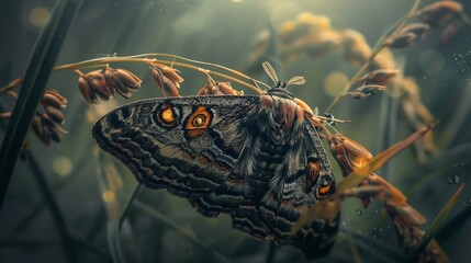 Macro Photography of  Moth on Twig of Plant : Generative AI