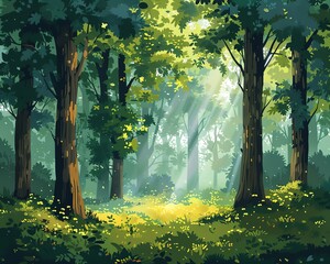 Peaceful forest clipart with tall trees and dappled sunlight