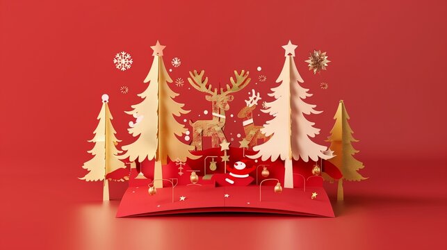 Christmas three-dimensional pop-up card, Santa and Rudolph, 3d card mockup, Christmas
