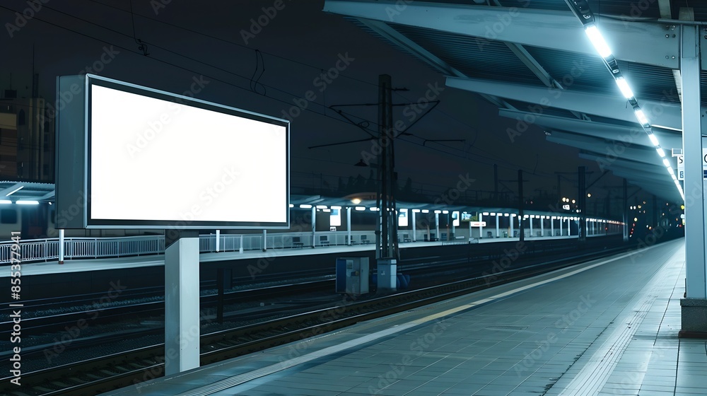Poster billboard on the passenger platform of a railway station at nightmockup : generative ai