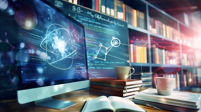 Elearning technology webinar online education and training to develop new skills and knowledge AIenhanced learning with personalized courses Remote learning on internet Virtual screen : Generative AI