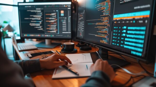 A focused software developer codes on a dual monitor setup in a modern office environment with a minimalist aesthetic. AIG41