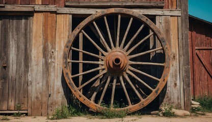 Large wooden wheel against barn