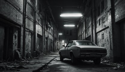 Fototapeta premium Abandoned car in a dilapidated alleyway