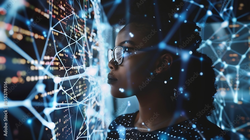 Leinwandbilder Black woman working in office and communication network concept ICT Information Communication Technology Cloud computing System engineering : Generative AI