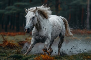 A beautiful white horse sprints across a verdant autumn field, showcasing its healthy and happy demeanor.