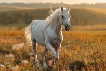 Obraz premium A beautiful white horse sprints across a verdant autumn field, showcasing its healthy and happy demeanor.