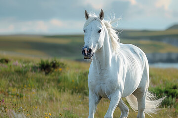 A beautiful white horse sprints across a verdant autumn field, showcasing its healthy and happy demeanor.