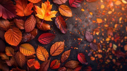 An assortment of autumn leaves in red, orange, and yellow hues scattered on a dark surface, creating a vibrant seasonal display.