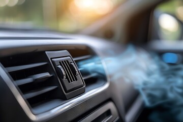 Close up of car air vent releasing cool blue air stream, vehicle cooling system detail