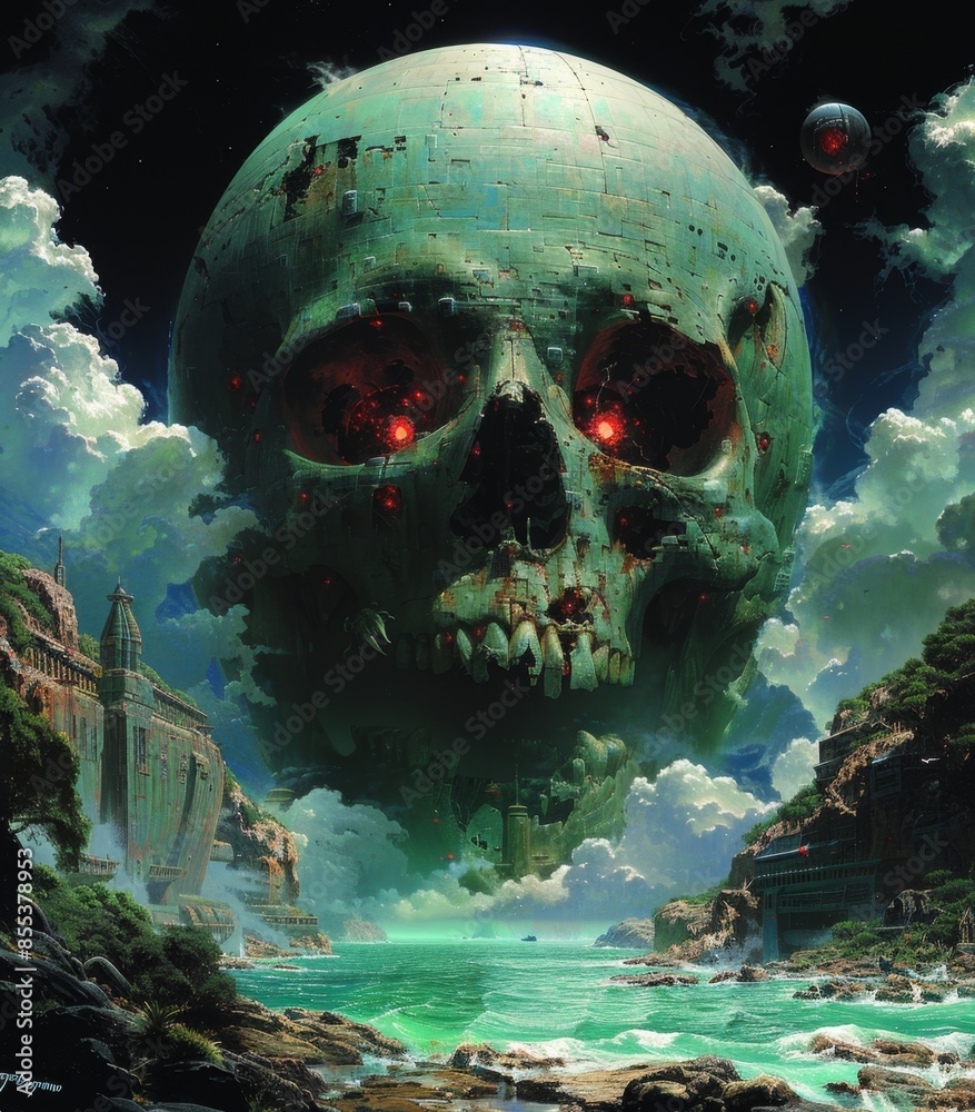 Wall mural a skull is floating in the sky above a green landscape