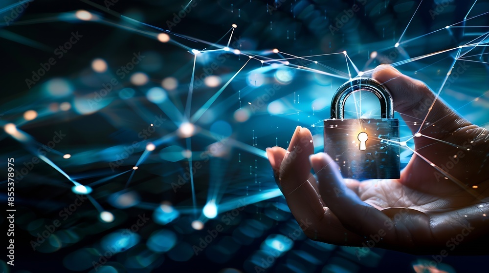 Aufkleber Cyber security Hand hold digital padlock Login verified identity credentials on network of data protection technologyOnline internet authorized access against cyber attack and business : Generative AI