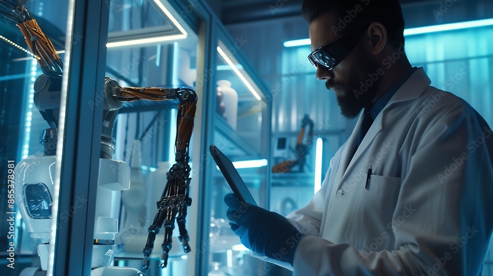 Poster scientist with tablet pc examining robotic arm in glass cabinet : generative ai