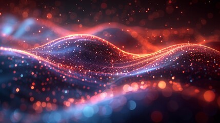 Obraz premium Abstract wavy neon lights with colorful bokeh, futuristic digital landscape. Technology and innovation concept