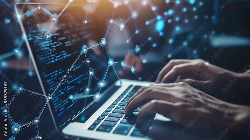 Aufkleber Blockchain technology transaction concept Businessman use laptop on blockchain global networking data network connect Internet cyber security binary coded Crypto chain blockchain techn : Generative AI