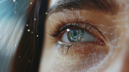 Facial and iris recognition technology Woman with digital biometric scan on eye closeup : Generative AI