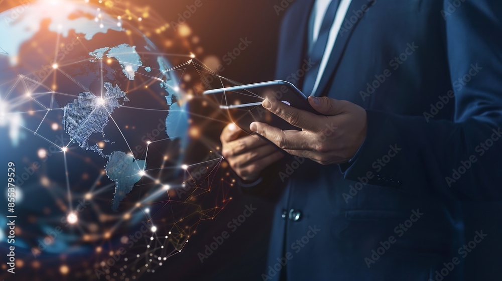 Poster Internet technology global business concept Businessman using digital tablet with global network connection on social networking and customer data analytics Business strategy and digit : Generative AI