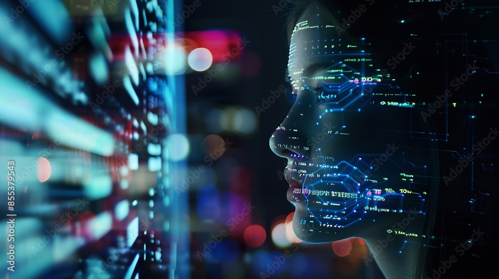 Poster Computer code hologram and woman thinking of data analytics information technology or software overlay at night Laptop solution and IT people with algorithm statistics and cybersecurit : Generative AI