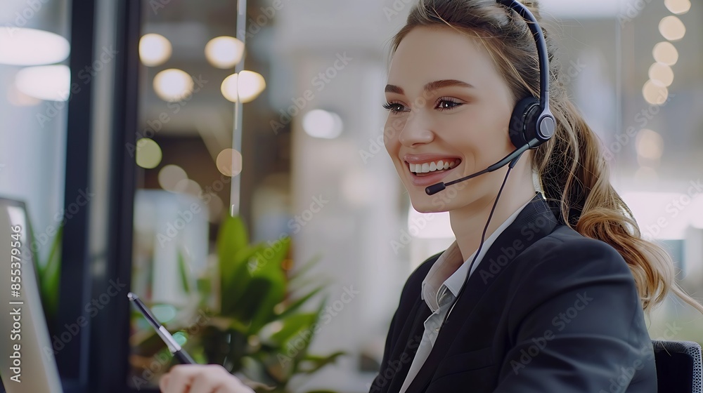 Poster Smiling caucasian business woman with headset working on a laptop in a call center on the line Happy female working in a busy customer service department and taking notes while talking : Generative AI