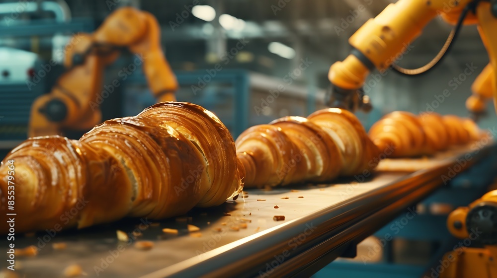 Leinwandbilder Mechanical robots take semifinished products from conveyor belt and put them into containers Mechanical robots replacing human labor in factory Mechanical robots in mass production Fre : Generative AI
