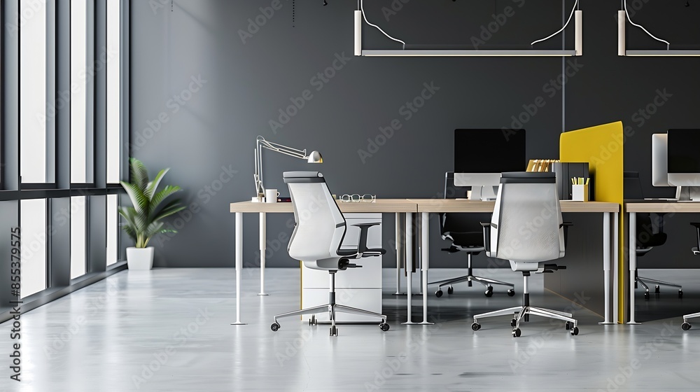 Aufkleber modern office interior with sleek chairs and minimalist desks creates a bright and uncluttered works