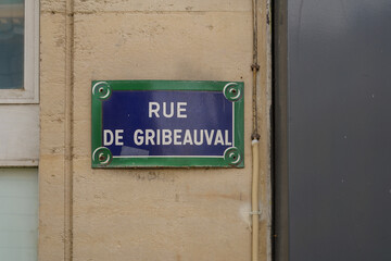 typical vintage parisian street name sign , rue de Gribeauval