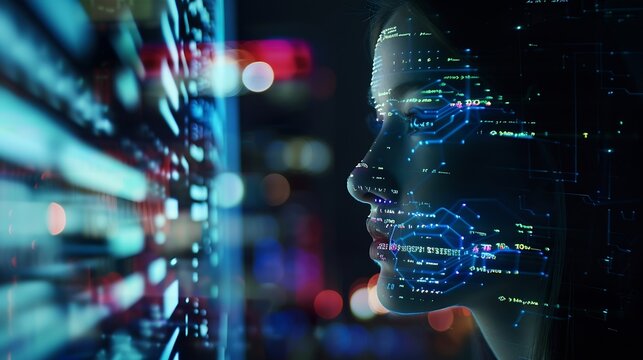 Computer code hologram and woman thinking of data analytics information technology or software overlay at night Laptop solution and IT people with algorithm statistics and cybersecurit : Generative AI