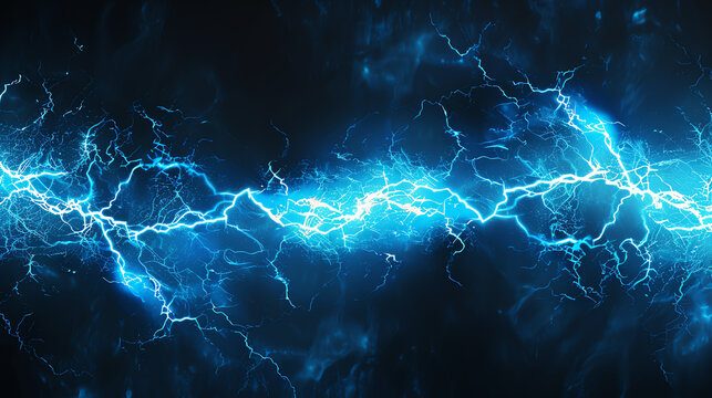 Bright blue electricity or lightning bolt on a dark background, showcasing dynamic, powerful energy and electrical charge in vivid detail.