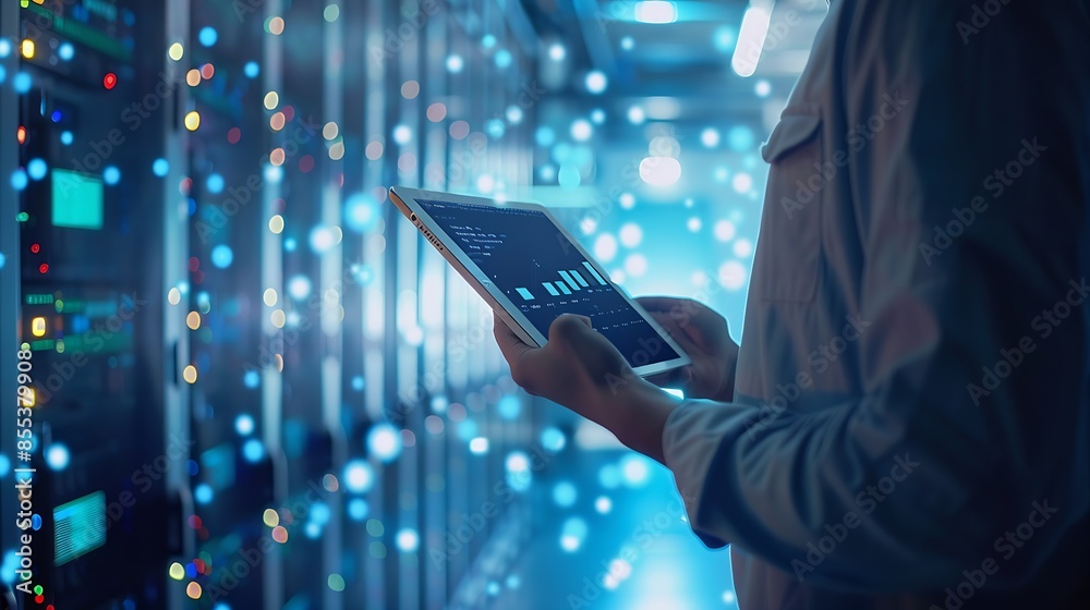 Poster Data science digital technology internet global network Computer programmer using digital tablet with data center and big data management innovation technology background software deve : Generative AI