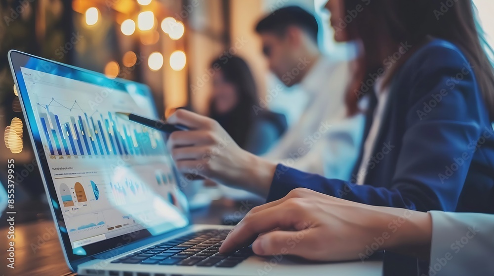 Poster Asian project manager uses laptop displayed data analysis while professional business team brainstorming marketing idea at business meeting Working togethersharing idea planing strateg : Generative AI