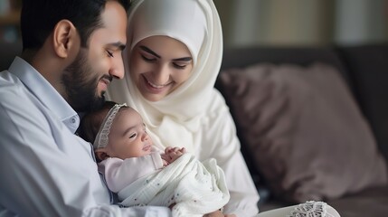 Obraz premium Arabic Muslim parents share a tender moment with their newborn daughter radiating love and joy in their home : Generative AI