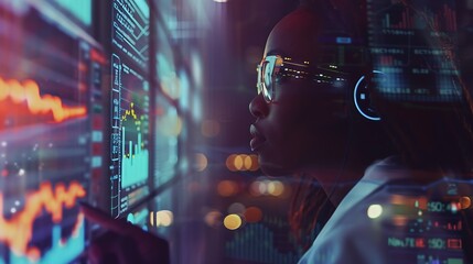 Computer data hologram hud or woman review finance chart stock market database or futuristic night overlay Forex investment dashboard web ecommerce or African trader trading NFT or bit : Generative AI