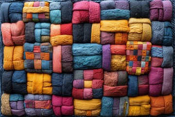 Grids of intricately sewn, embroidered, and knitted rectangles adorned with diverse flowers, colors, designs, and shapes create a vibrant display of creativity.