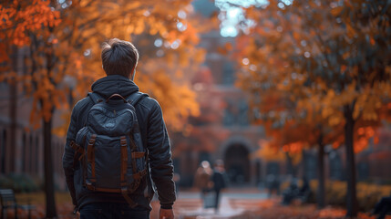 Cinematic shot from the side of a college student with a backpack heading to class, carrying a stack of books