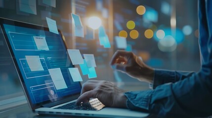 Business developer using Kanban board framework on laptop computer Agile software development lean project management tool project management business development concept : Generative AI