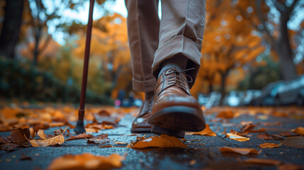 Senior walking with a cane, dress pants and loafers