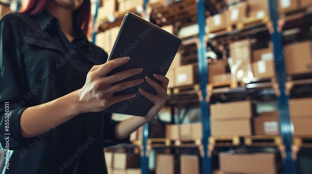 Leinwandbilder tablet woman and online stock check with shipping company logistics and e commerce with tech digital