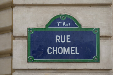 Fototapeta premium typical vintage parisian street name sign , rue Chomel