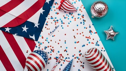 Obraz premium Flat lay composition Patriotic banner design for 4th of July (Independence Day) featuring decorative elements like balloons, paper fans, and confetti
