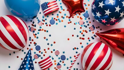 Obraz premium Flat lay composition Patriotic banner design for 4th of July (Independence Day) featuring decorative elements like balloons, paper fans, and confetti